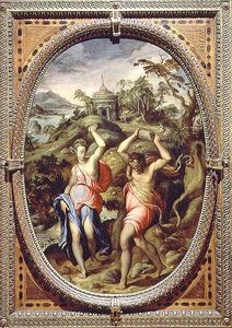 図1 アンドレア・デル・ミンガ《デウカリオーンとピュラー》1570年 板に油彩 パラッツォ・ベッキオ フィレンツェ