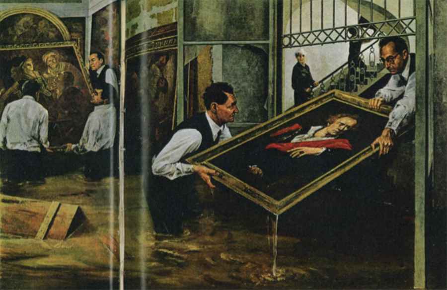 図3 ウンベルト・バルディーニとチェーザレ・ブランディの作品救出作業スケッチ National Geographic, Vol.132, No. 1, 1967 July, pp. 30-31